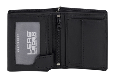 EAS Biker Mini Geldbörse mit Riegel und Kette extra dünn im Hochformat, flaches Portemonnaie mit RFID Schutz Folie mit Geschenk Box Echt-Leder, schwarz
